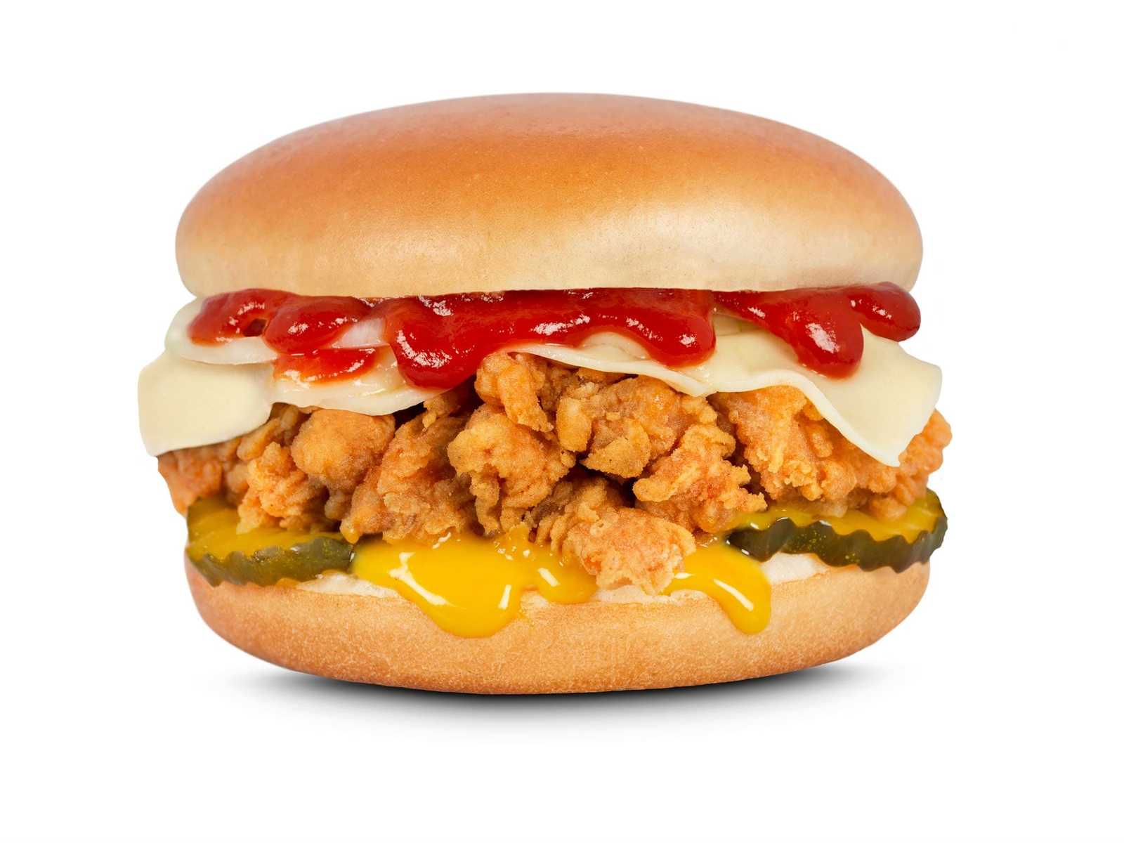 Kfc-despues Fotografía profesional de hamburguesa con pollo frito y queso, antes y después de edición