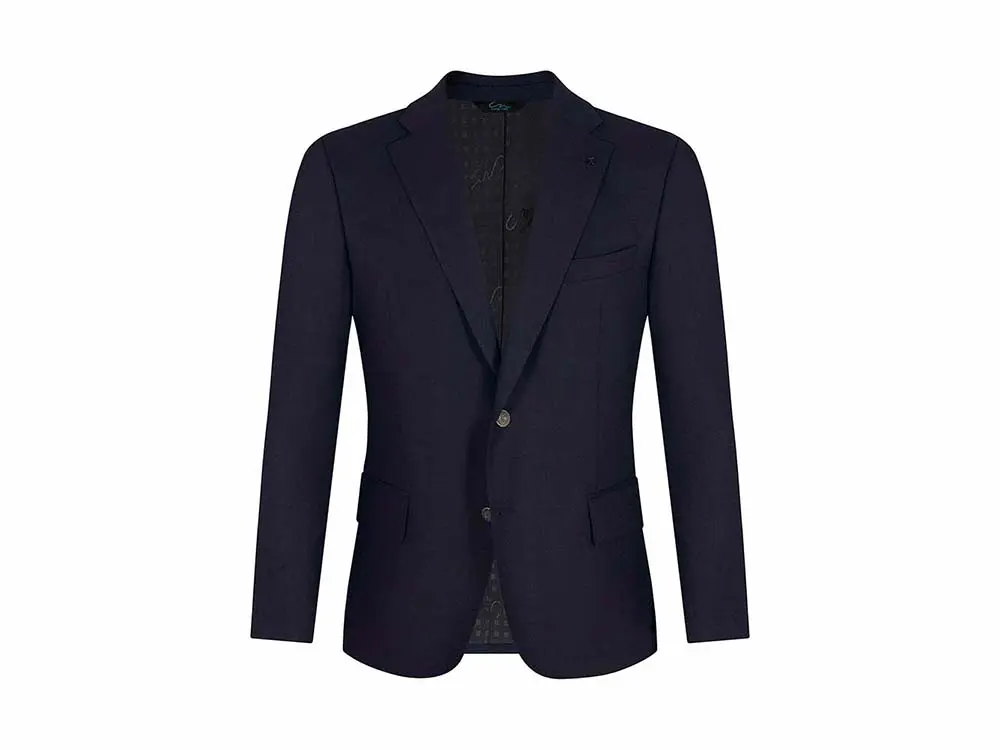 Blazer formal azul recortado en fondo blanco maniquí invisible