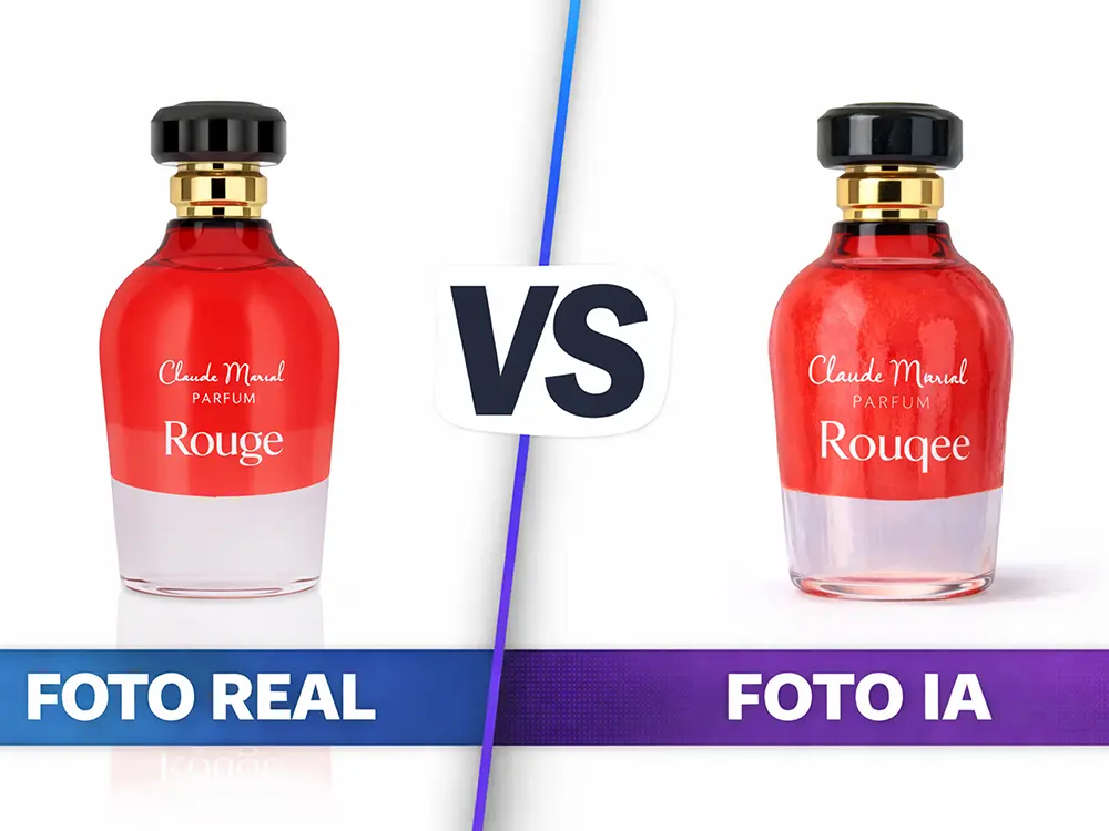 Comparativa de perfume fotografía real vs foto IA