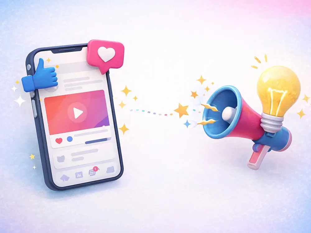 Ilustración creativa en tonos oscuros de smartphone con contenido de redes sociales conectado a un megáfono y bombillo, representando ideas creativas y contenido digital con estilo moderno y profesional.