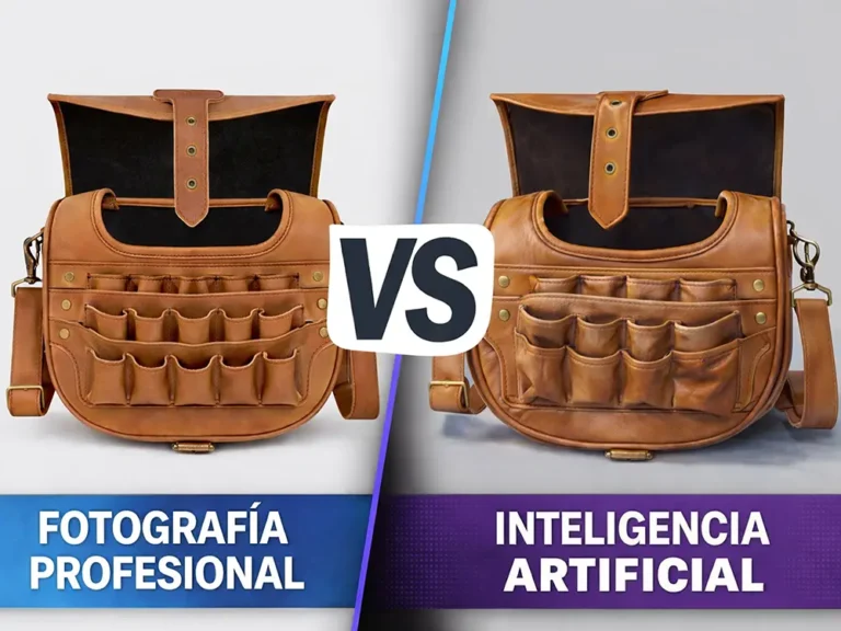 Fotografía profesional vs inteligencia artificial de bolso de cuero.