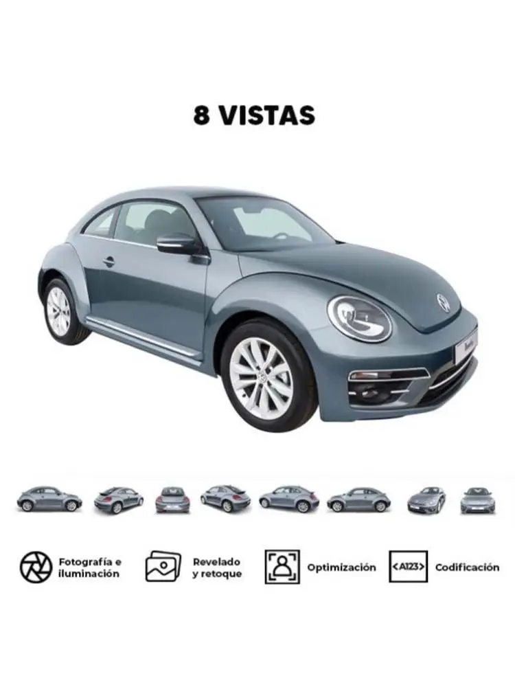 fotografía automotriz que muestra un vehículo en fondo blanco con opciones de 4, 8 y 16 vistas