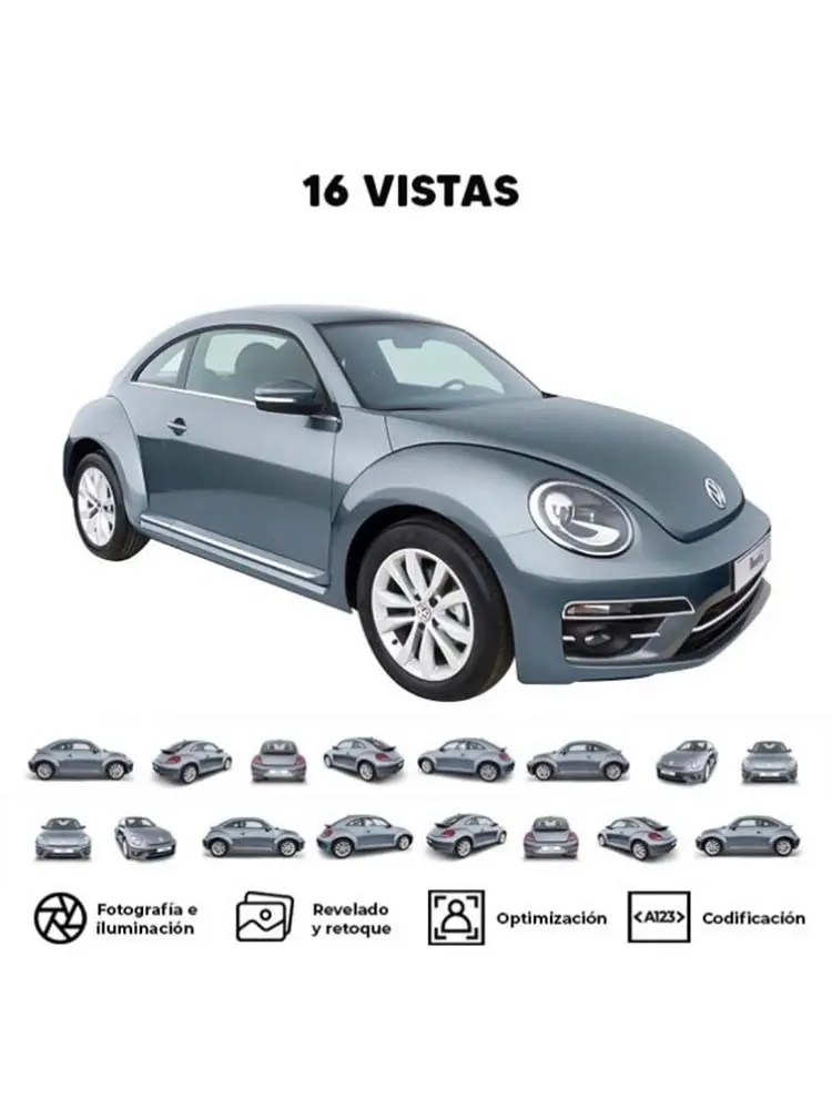 fotografía automotriz que muestra un vehículo en fondo blanco con opciones de 4, 8 y 16 vistas