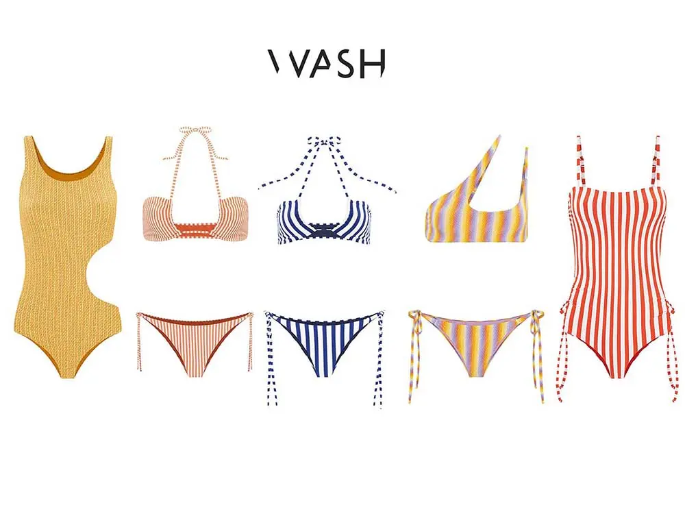 Colección de vestidos de baño coloridos fotografía e-commerce fondo blanco