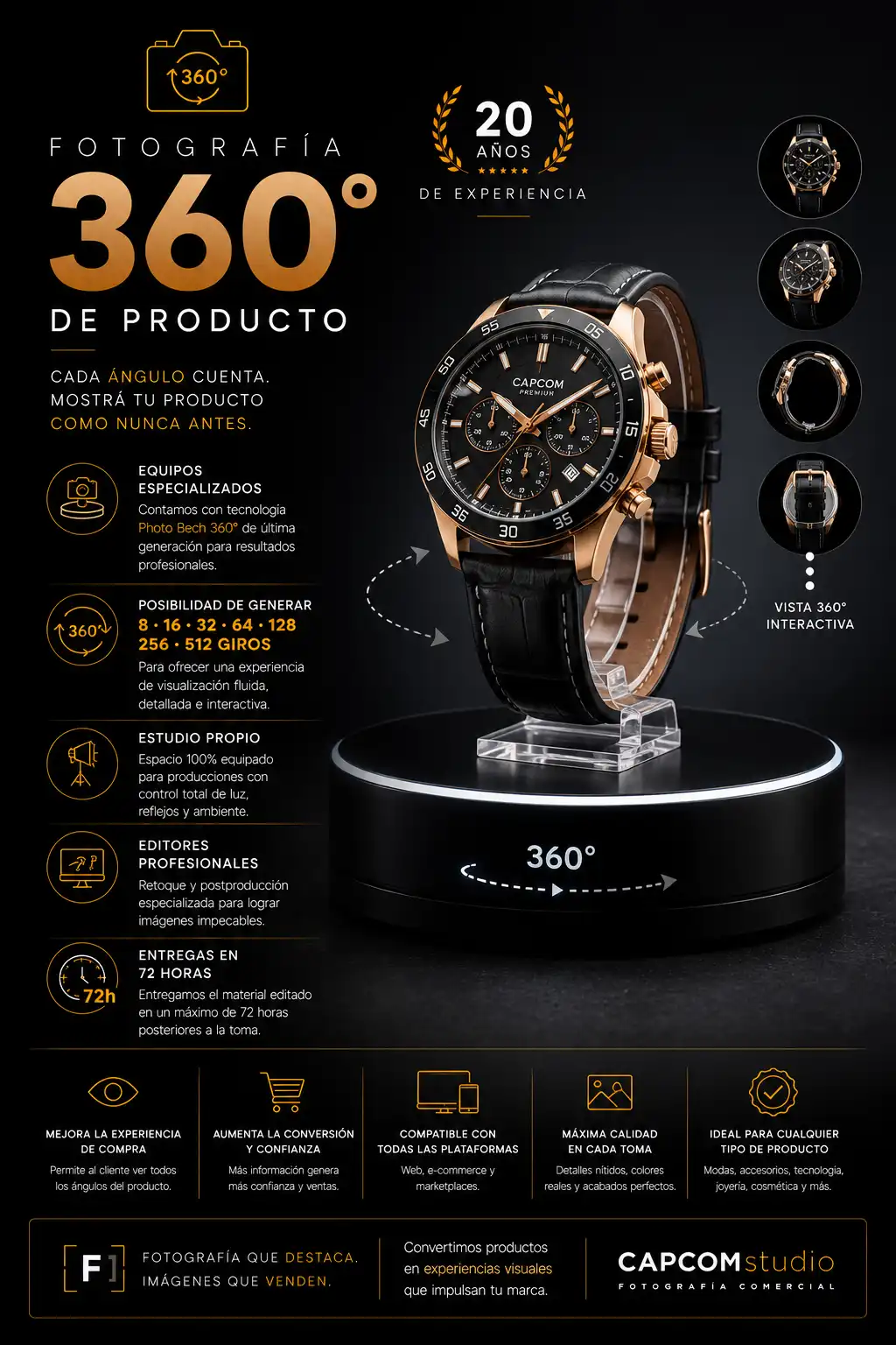 Fotografía 360 grados de reloj de lujo sobre plataforma giratoria con vista interactiva de producto para e-commerce, marketplaces y tiendas online.