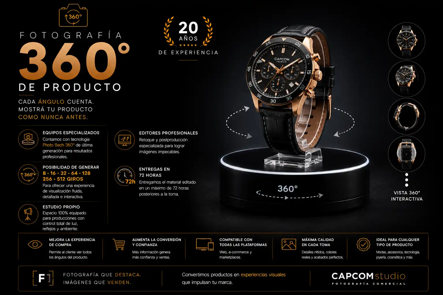 Fotografía 360 grados de reloj de lujo sobre plataforma giratoria con vista interactiva de producto para e-commerce, marketplaces y tiendas online.