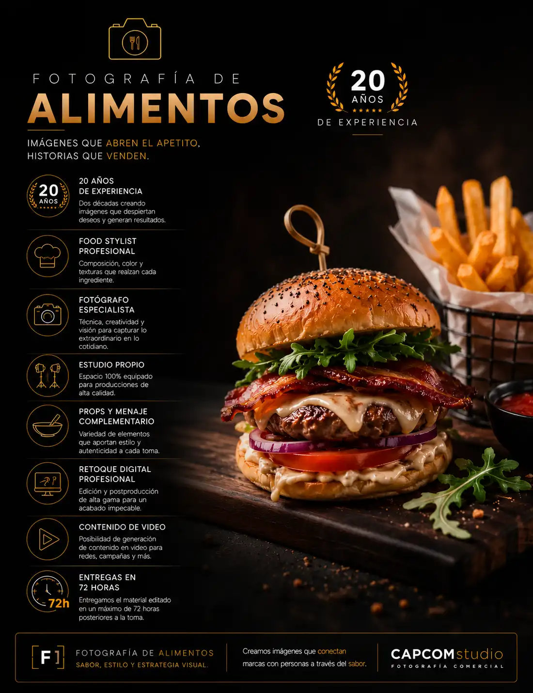 Alimentos-CAPCOMstudio1 Infografía de fotografía de alimentos profesional con hamburguesa gourmet, food styling, estudio fotográfico, retoque digital y recursos especializados para fotografía gastronómica comercial.