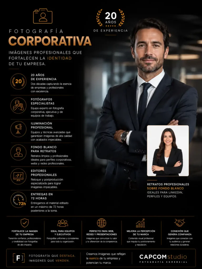 Infografía de fotografía corporativa profesional con retrato ejecutivo empresarial, fotografía para equipos de trabajo, retratos corporativos en fondo blanco y recursos especializados para empresas.