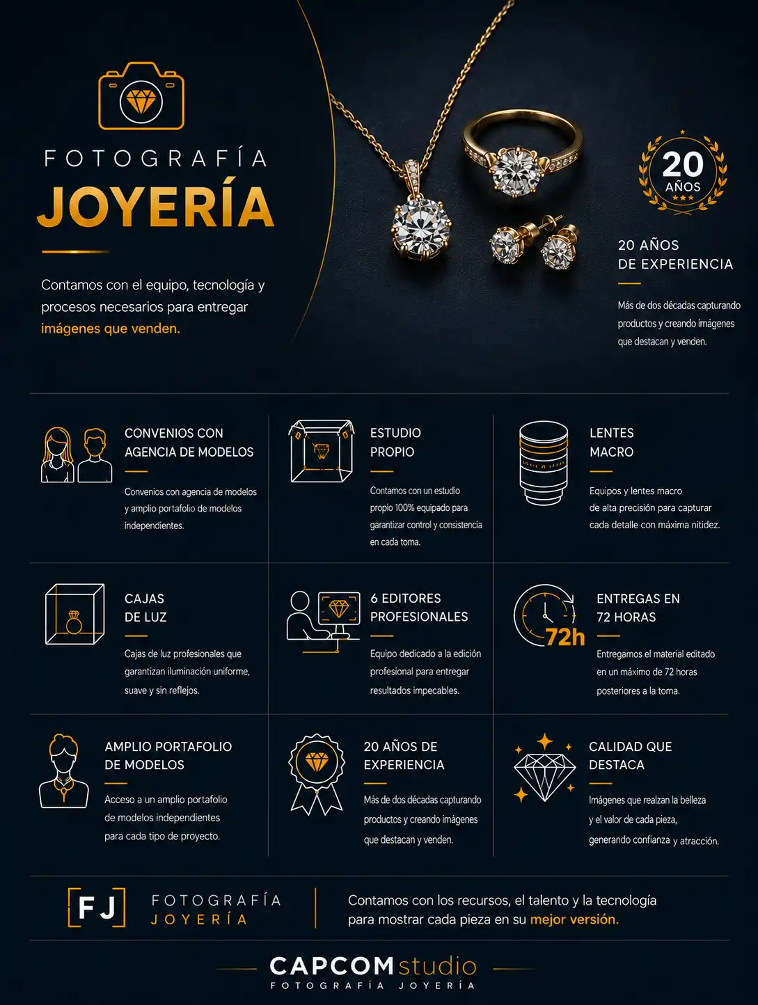 Joyeria-02 Infografía de fotografía de joyería profesional con anillos, collar y aretes sobre fondo oscuro para e-commerce y publicidad comercial.