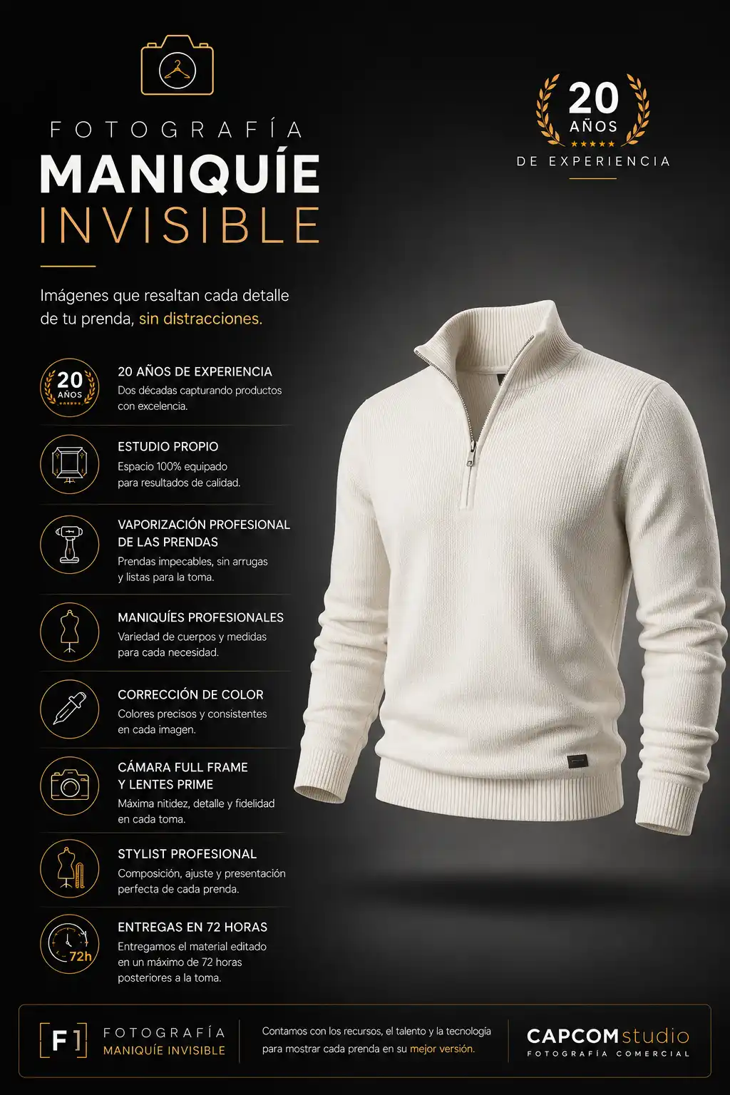 Infografía de fotografía maniquí invisible para e-commerce con suéter blanco flotante y servicios profesionales de producción fotográfica comercial.