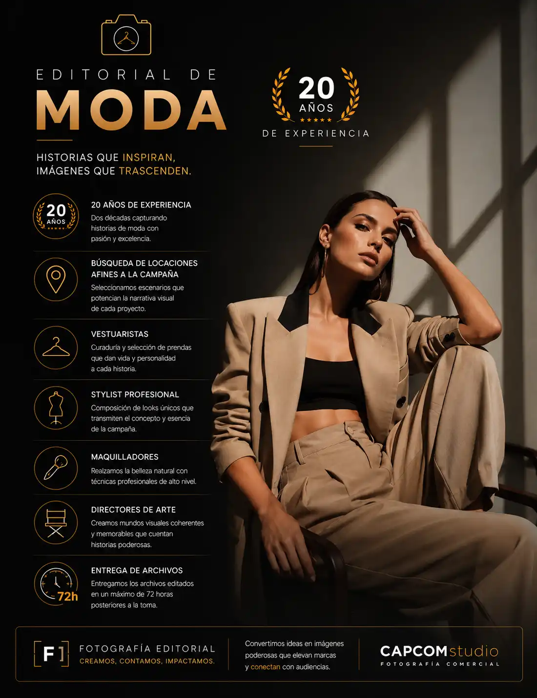 Infografía de fotografía editorial de moda con modelo en producción profesional y servicios creativos para campañas comerciales y branding de marcas.