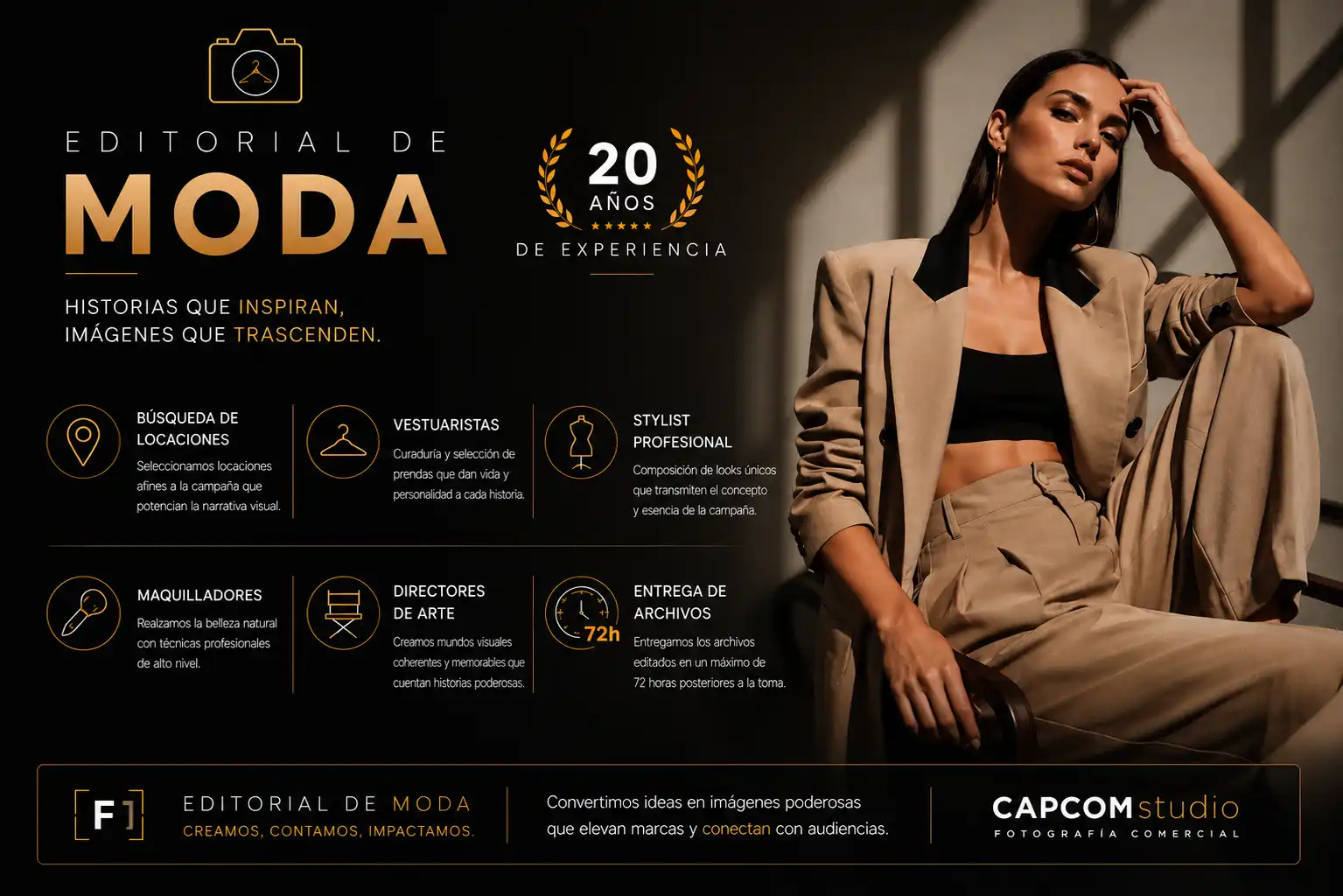 Infografía de fotografía editorial de moda con modelo en producción profesional y servicios creativos para campañas comerciales y branding de marcas.