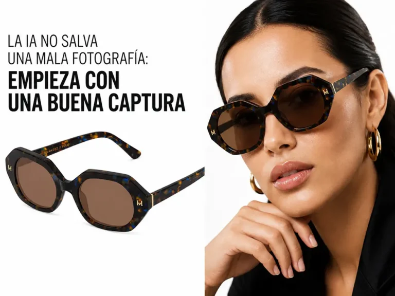 Gafas de sol premium fotografiadas en estudio con modelo usando el producto