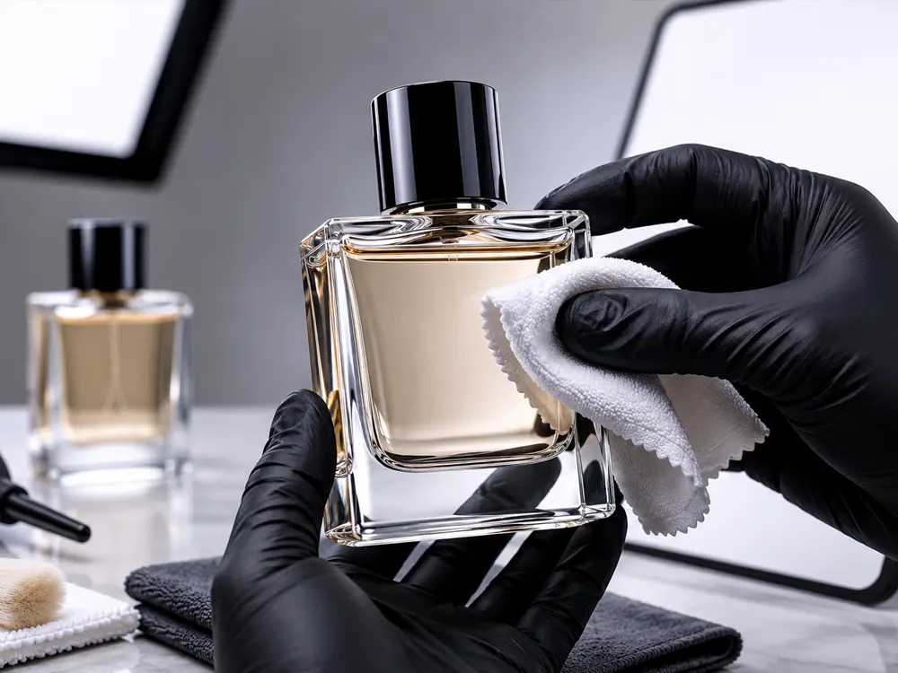 Perfume de vidrio siendo limpiado y preparado manualmente para fotografía de producto profesional antes de la sesión comercial.