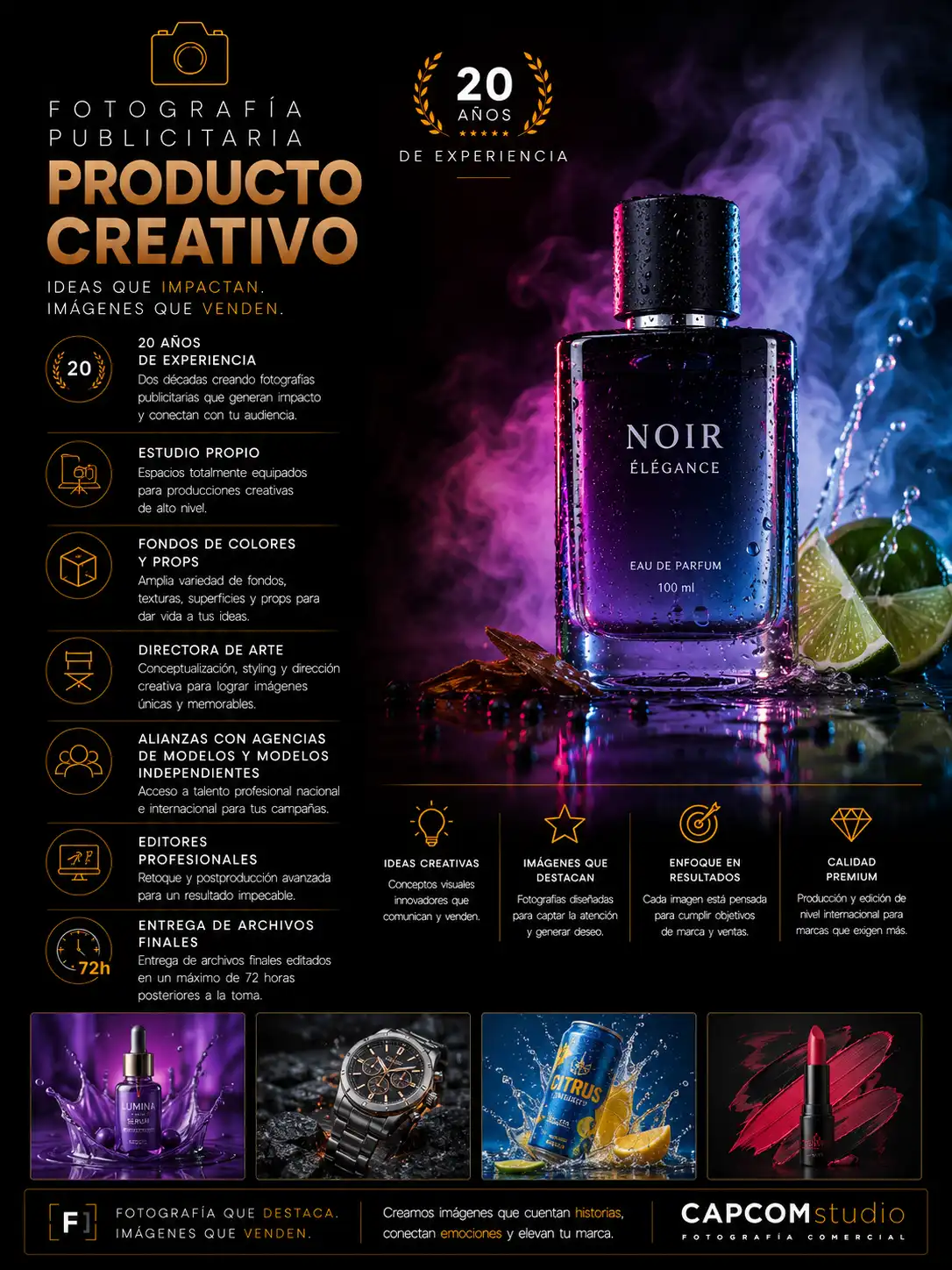 Fotografía publicitaria de producto creativo con perfume iluminado por luces de colores, efectos de humo, agua y composición profesional para campañas publicitarias y branding de marcas.