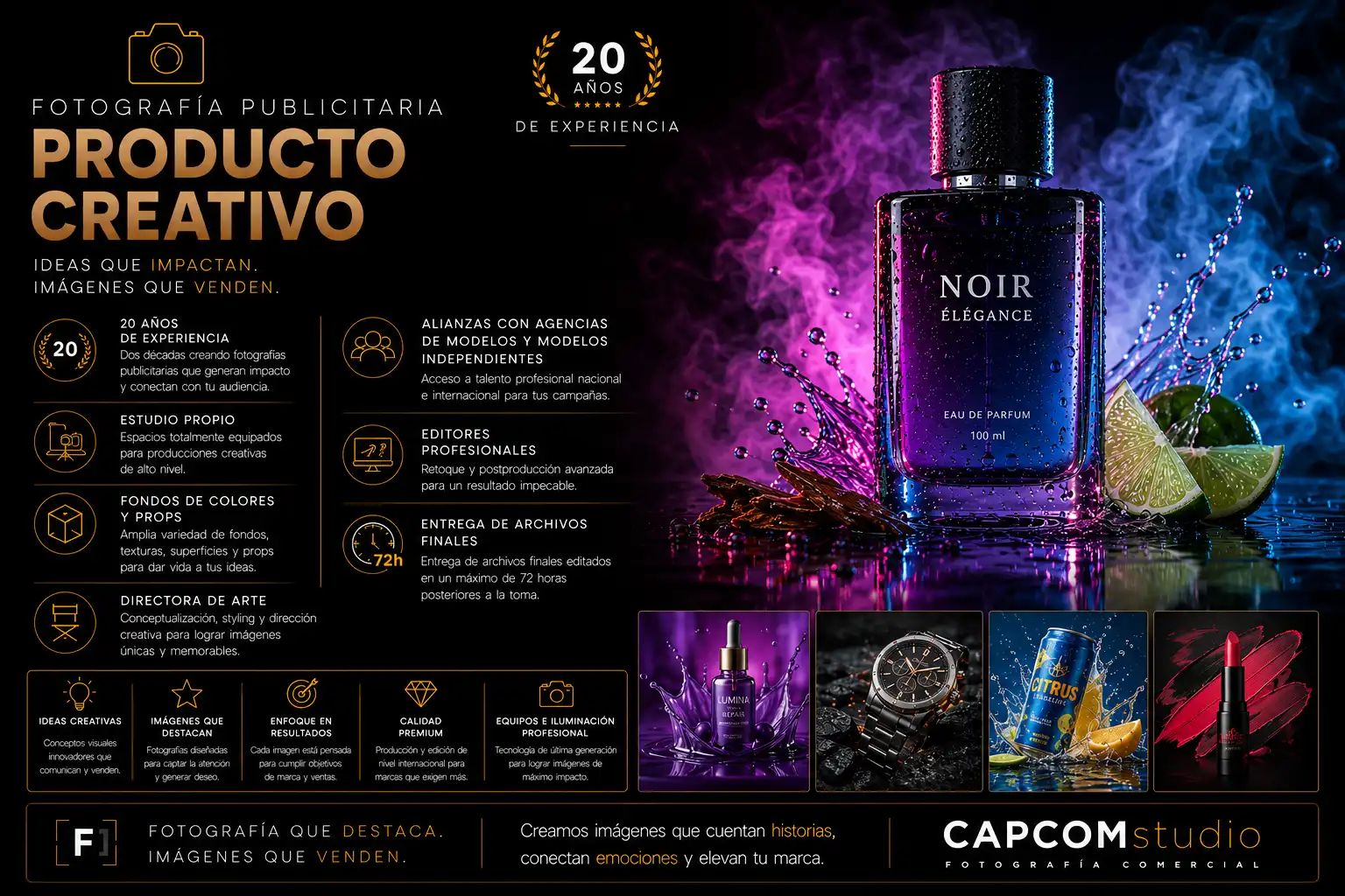 Fotografía publicitaria de producto creativo con perfume iluminado por luces de colores, efectos de humo, agua y composición profesional para campañas publicitarias y branding de marcas.