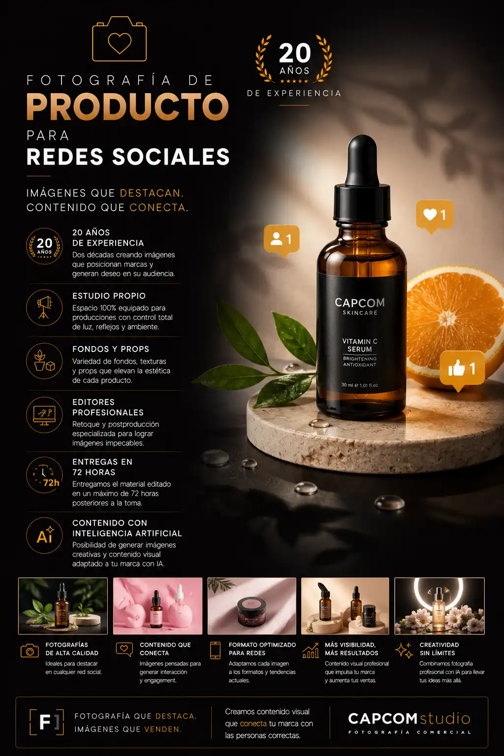 Infografía de fotografía profesional de producto para redes sociales con serum cosmético, contenido visual para Instagram, Facebook y TikTok, estudio fotográfico, edición profesional e inteligencia artificial aplicada a marketing digital.