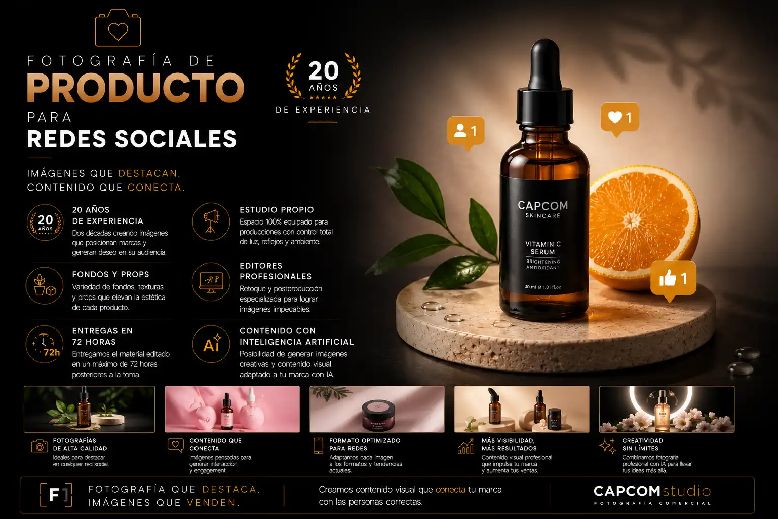 Infografía de fotografía profesional de producto para redes sociales con serum cosmético, contenido visual para Instagram, Facebook y TikTok, estudio fotográfico, edición profesional e inteligencia artificial aplicada a marketing digital.
