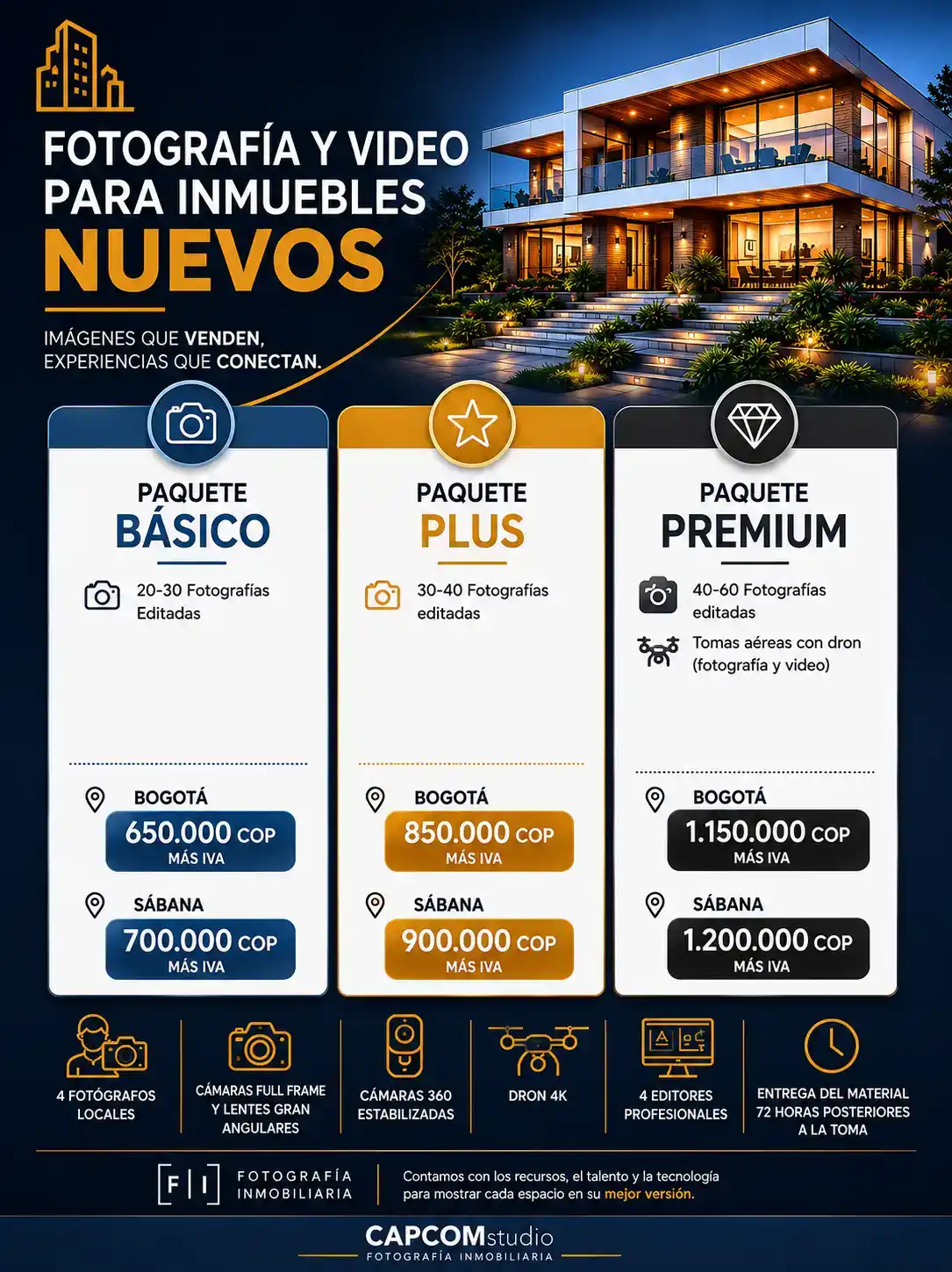 Planes de fotografía y video para inmuebles nuevos en Bogotá y Sabana.