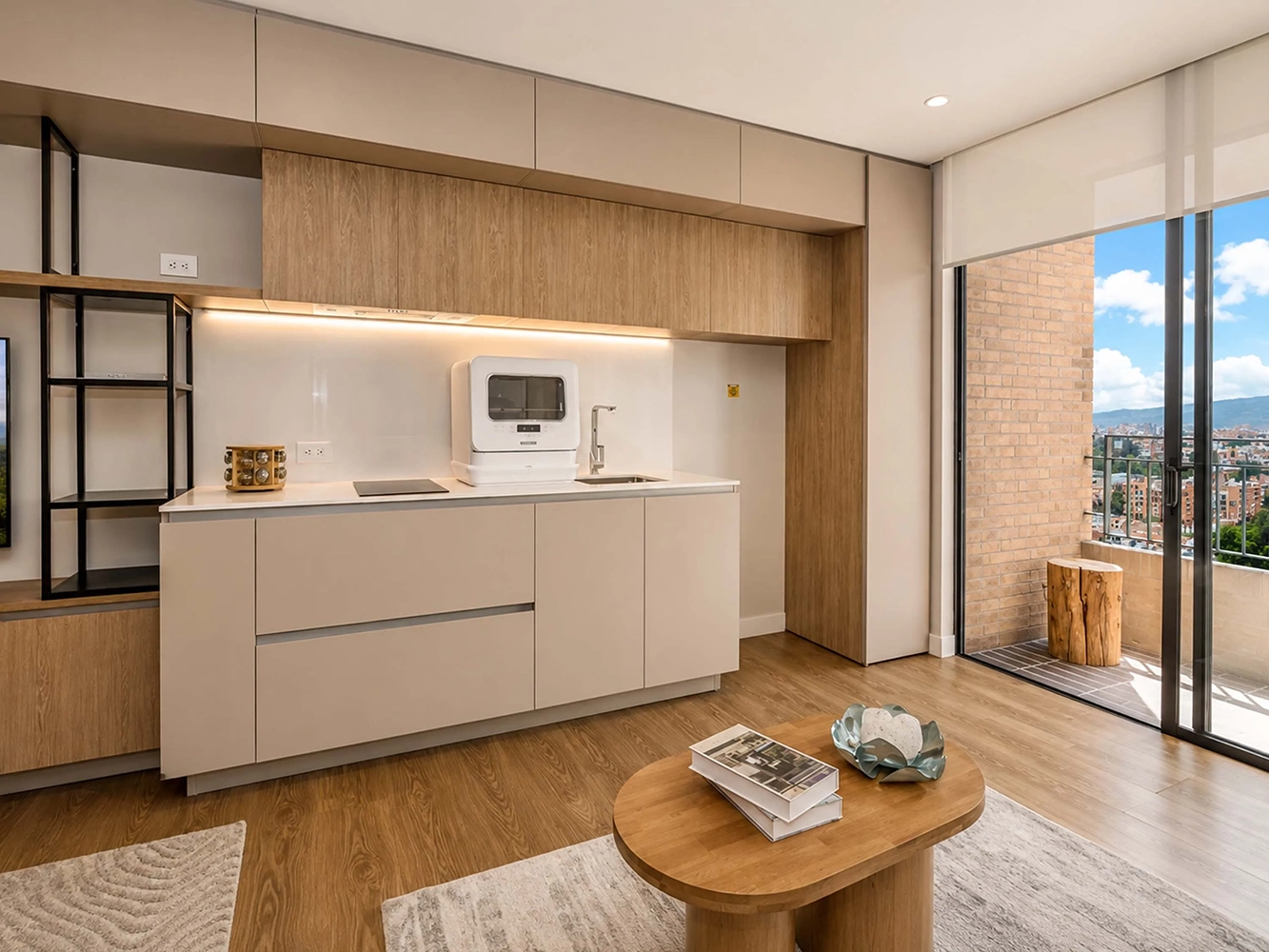 Fotografía retocada de apartamento nuevo con cocina moderna y balcón en Bogotá