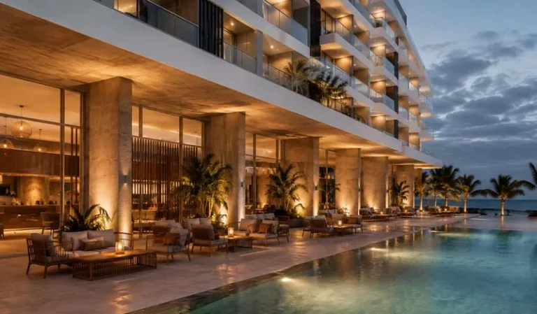 Fotografía de arquitectura de hotel de alta gama con piscina e iluminación exterior