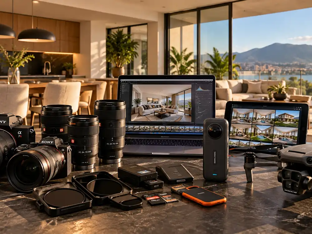 Equipo profesional de fotografía y video para arquitectura, con cámaras Sony, lentes, dron, cámara 360 y herramientas de edición en un espacio interior moderno.